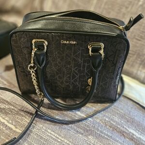 Calvin Klein Black Signature Monogram Satchel with Gold Hardware